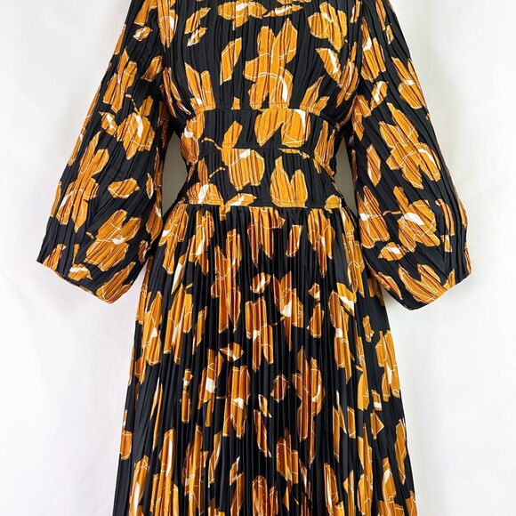 SIMKHAI Black & Gold Floral Ames Midi Dress (8) Pleated Plissé-Satin - Picture 5 of 15